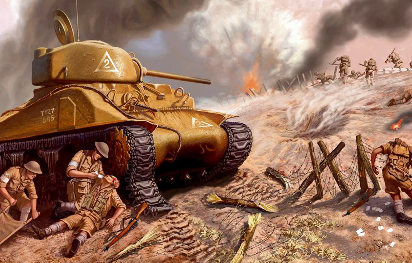 Photo wallpaper war, figure, art, soldiers, tank, Sherman, Sherman, American medium tank