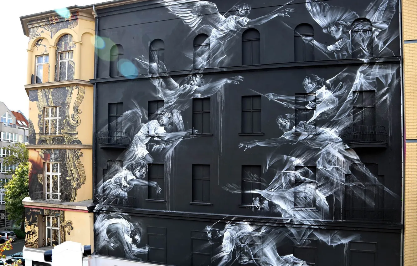 Photo wallpaper city, the city, street, building, street, building, street art, street art