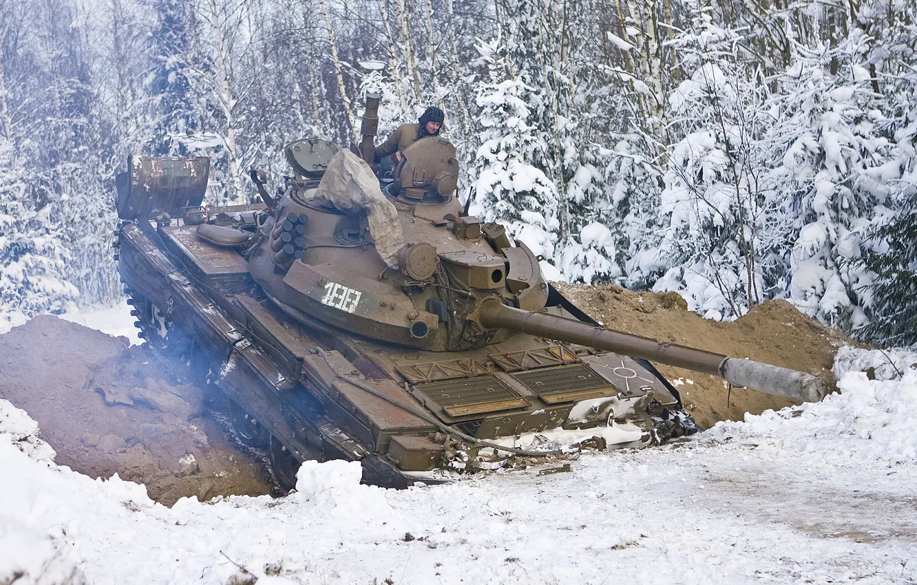 Photo wallpaper winter, snow, USSR, tank, t-62