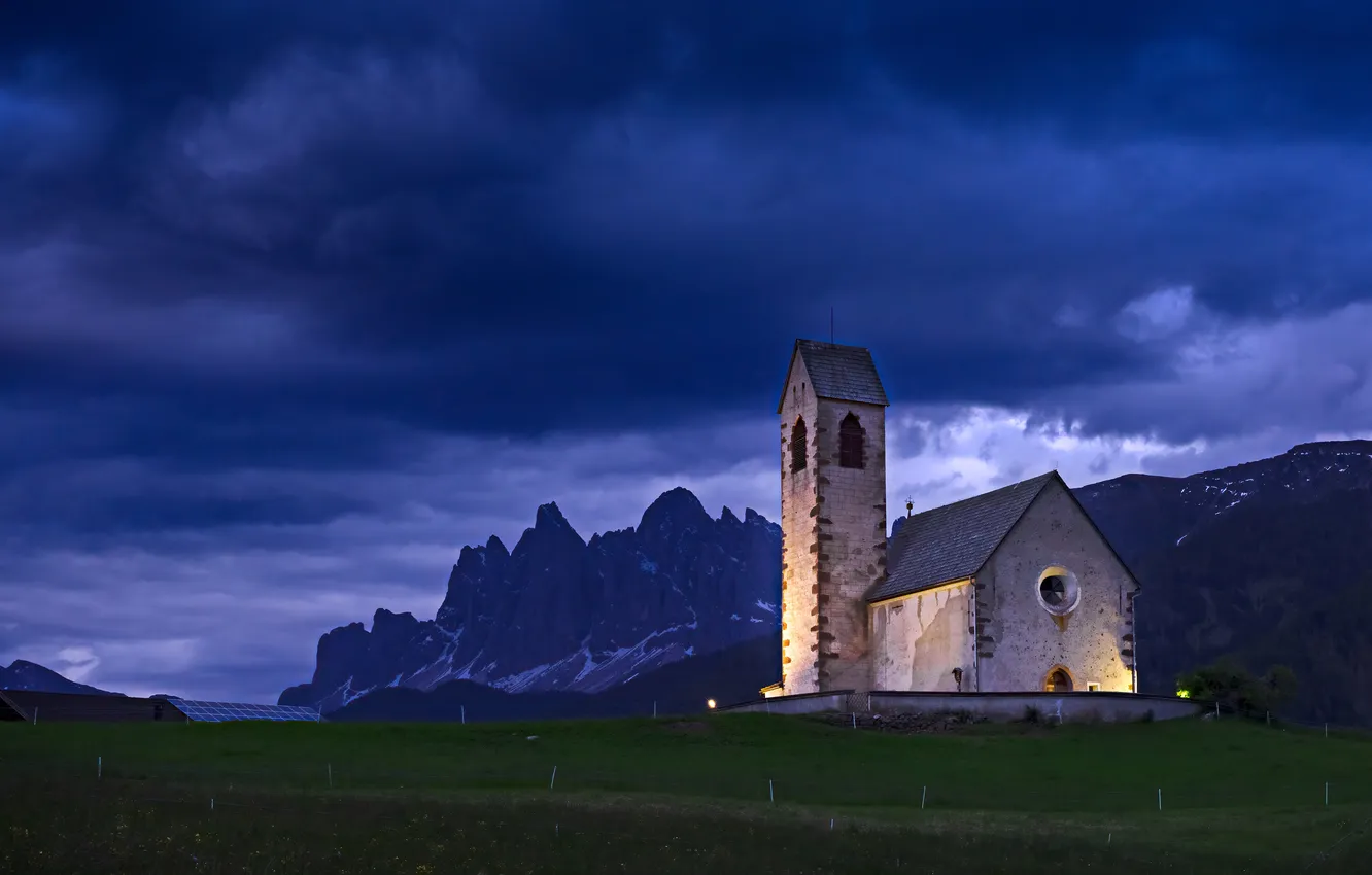 Photo wallpaper mountains, blue, Church