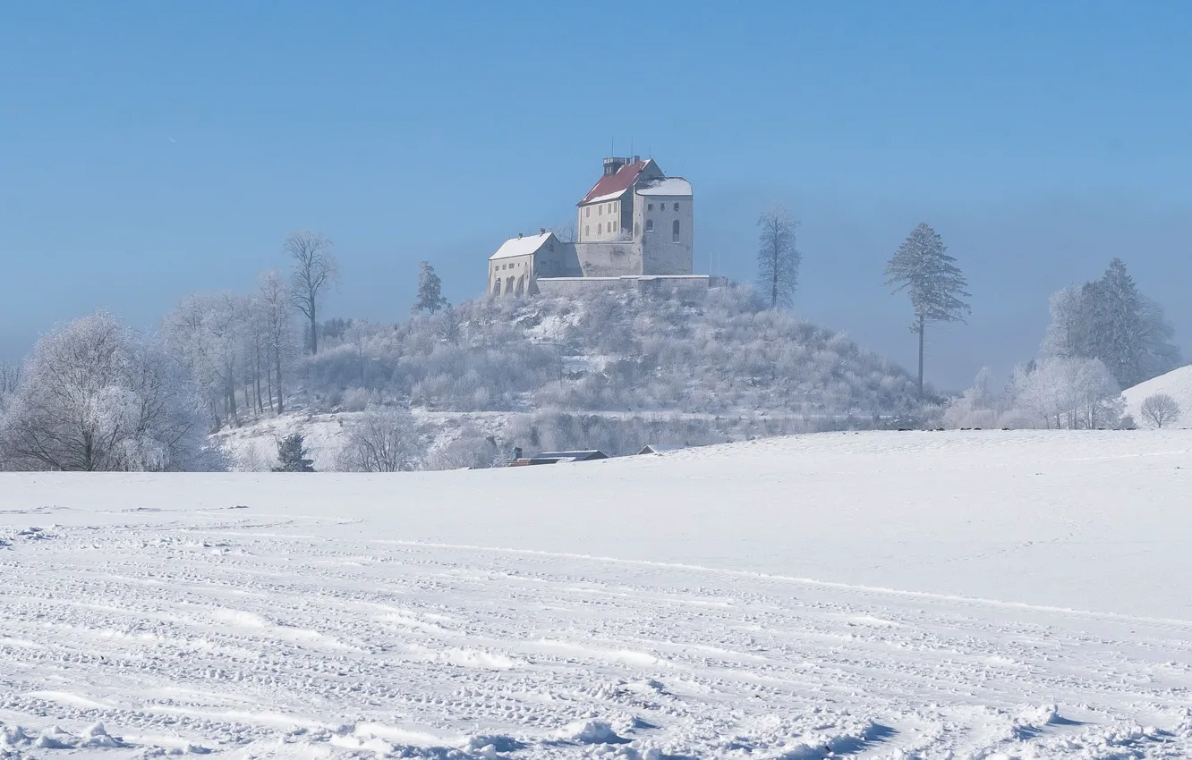 Photo wallpaper winter, snow, house, castle, Germany, hill, Waldburg