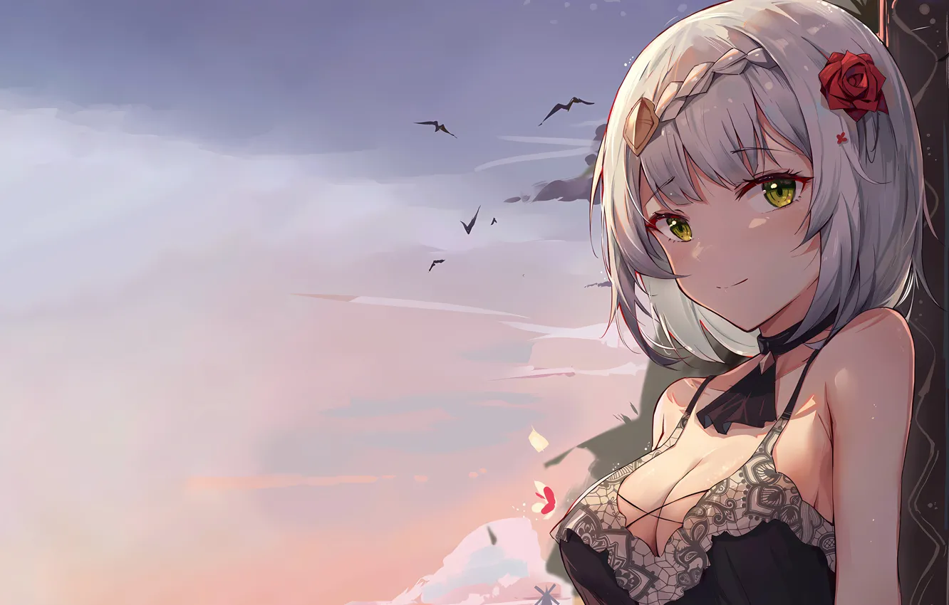 Photo wallpaper girl, sexy, cleavage, blouse, sky, boobs, sunset, anime