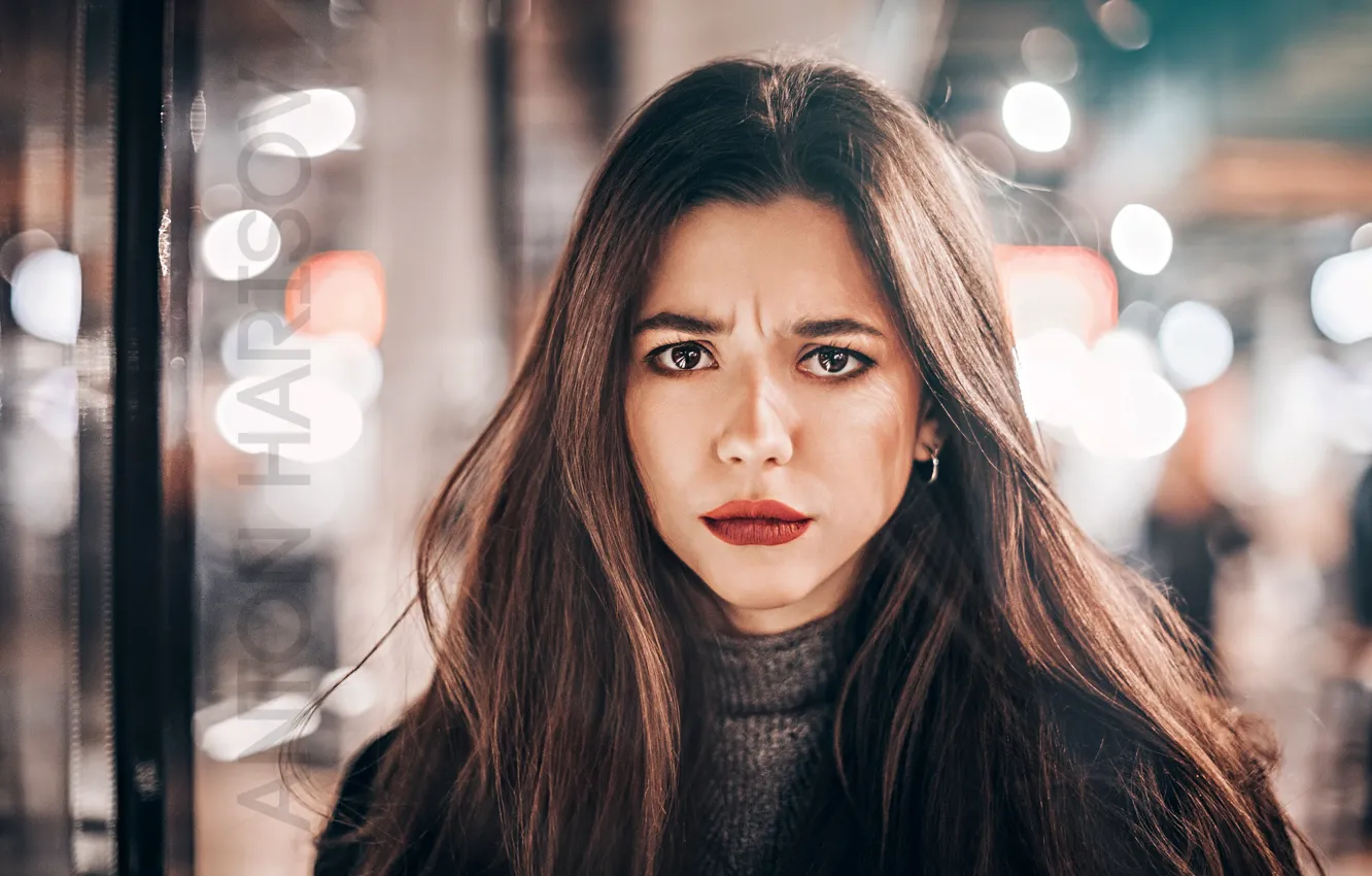 Photo wallpaper look, lights, model, portrait, makeup, hairstyle, brown hair, bokeh