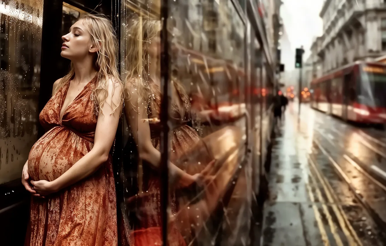 Photo wallpaper girl, rain, street, tram, bus, The bus was late, Pregnant girl