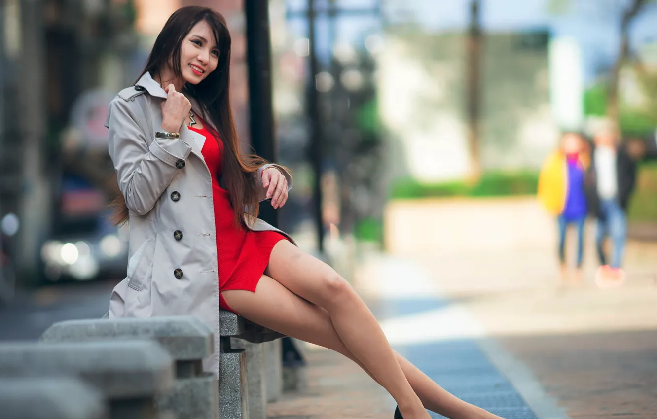 Photo wallpaper bench, smile, street, Asian, cloak, red dress, cutie, bokeh