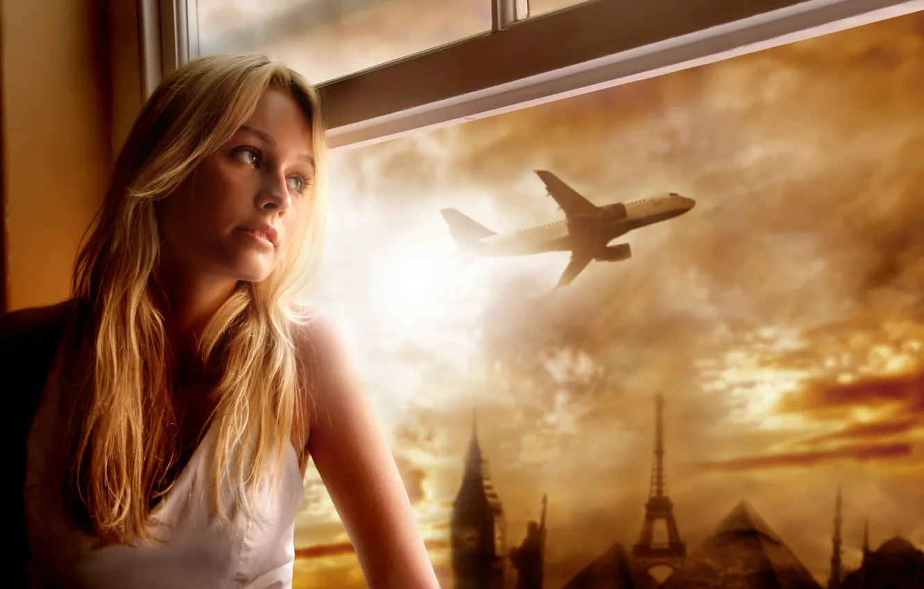Photo wallpaper window, blonde, the plane
