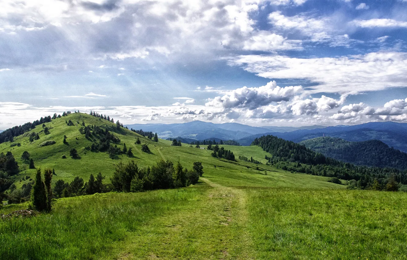 Photo wallpaper the sky, the sun, clouds, the way, hills