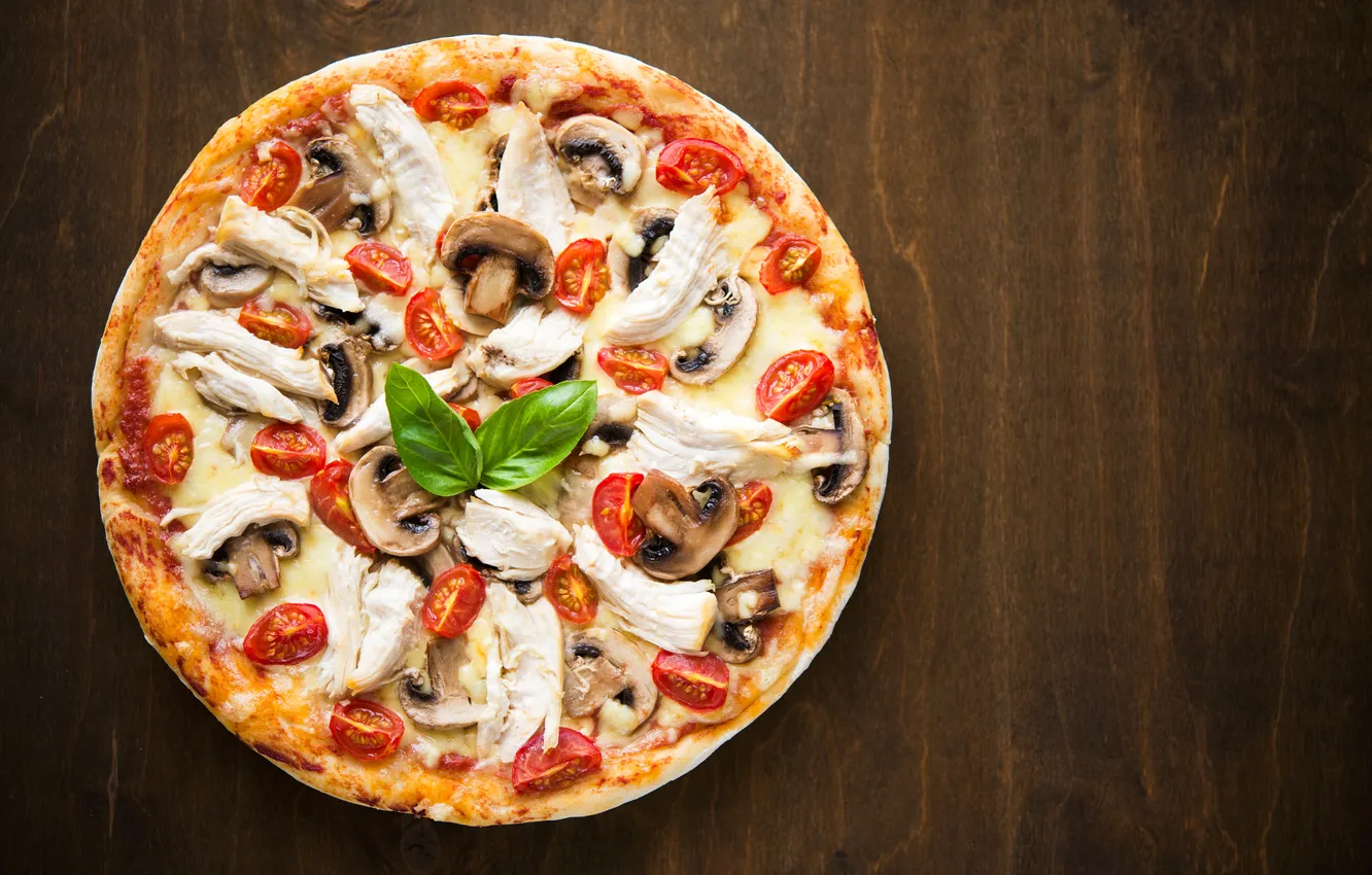Photo wallpaper mushrooms, cheese, meat, pizza, tomatoes, pizza, cheese, tomato