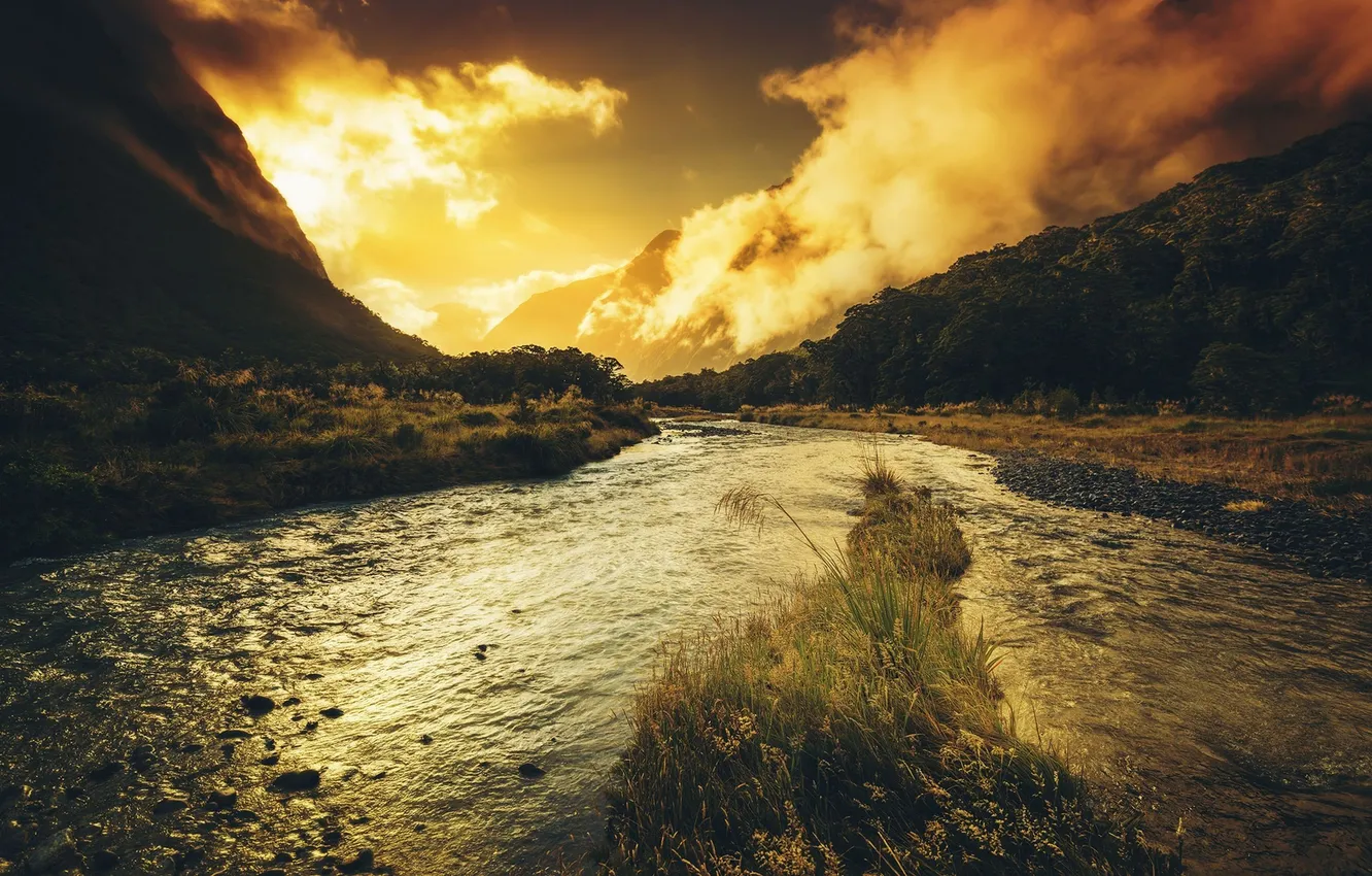 Photo wallpaper grass, water, light, mountains, clouds, river