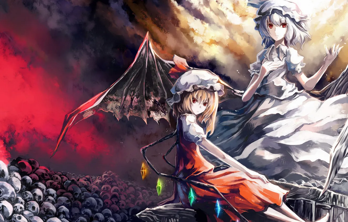 Photo wallpaper girl, skull, wings, vampire, red eyes, touhou, Remilia Scarlet, Flandre Scarlet