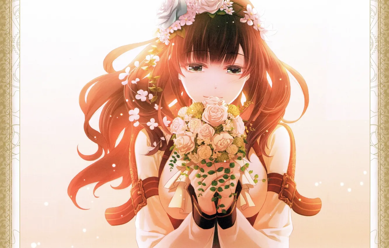 Photo wallpaper red hair, wreath, straps, buckle, visual novel, cardia beckford, Code Realize, bouquet of roses