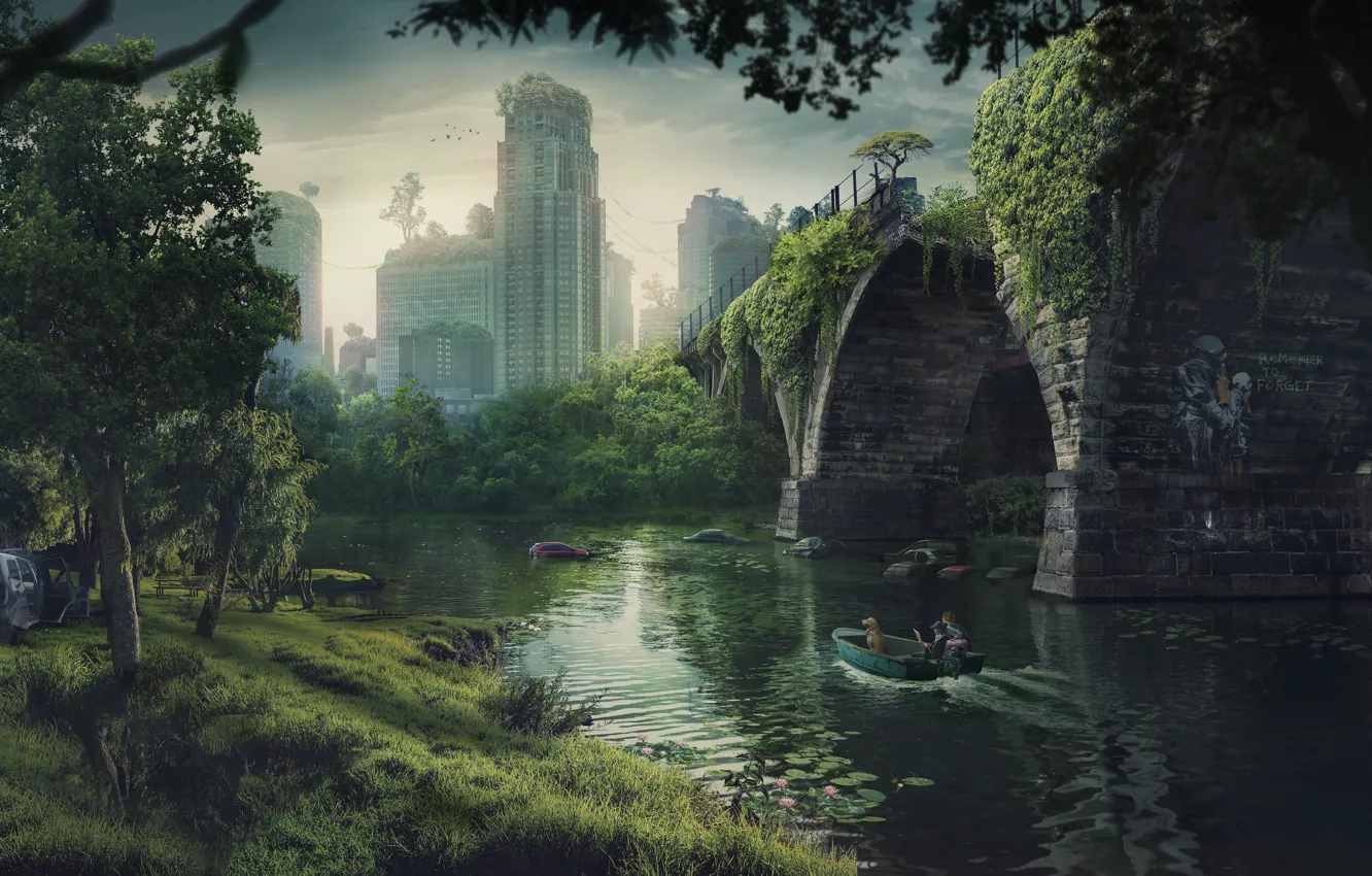 Photo wallpaper city, fantasy, river, trees, nature, bridge, art, boat