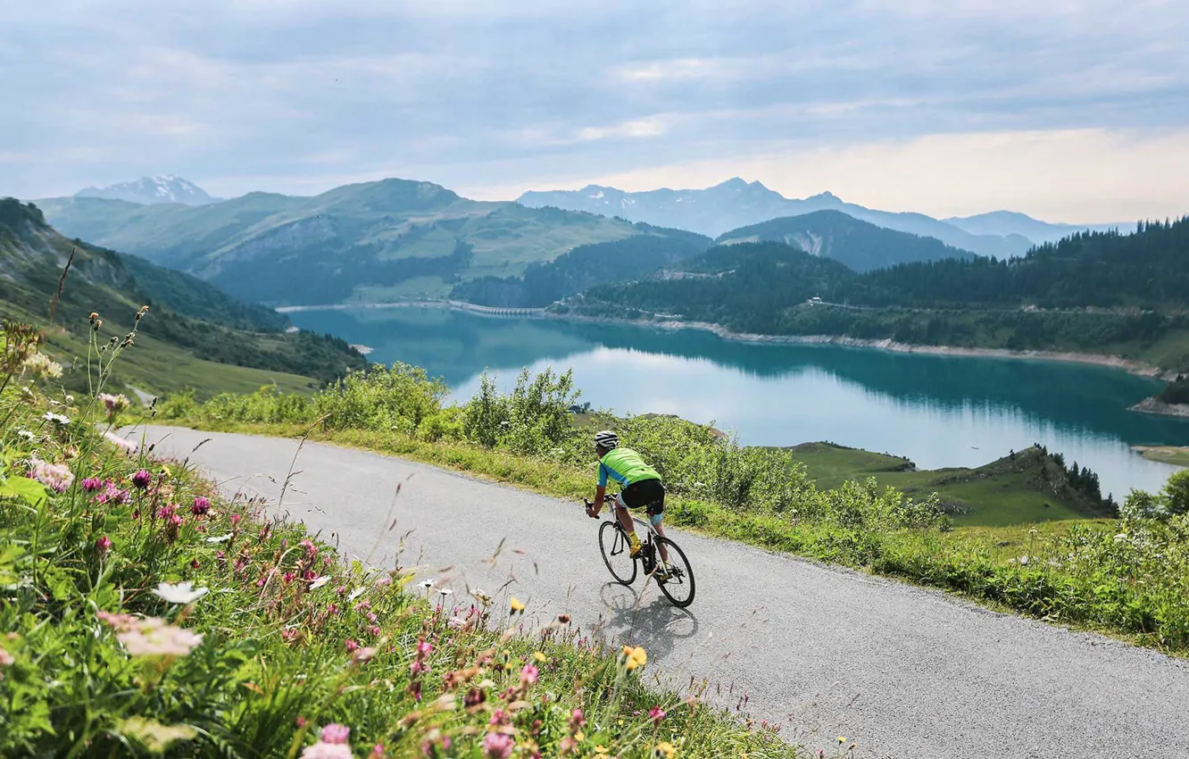 Photo wallpaper mountains, nature, sport, athlete, cyclist