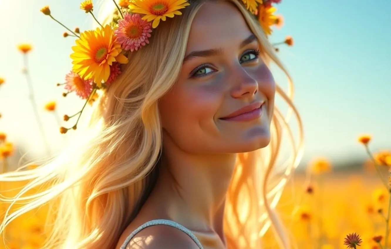 Photo wallpaper field, summer, the sky, girl, light, flowers, yellow, smile