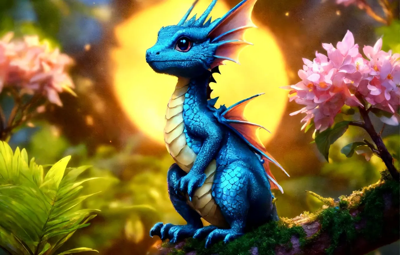 Photo wallpaper light, flowers, blue, blue, dragon, log, cub, face