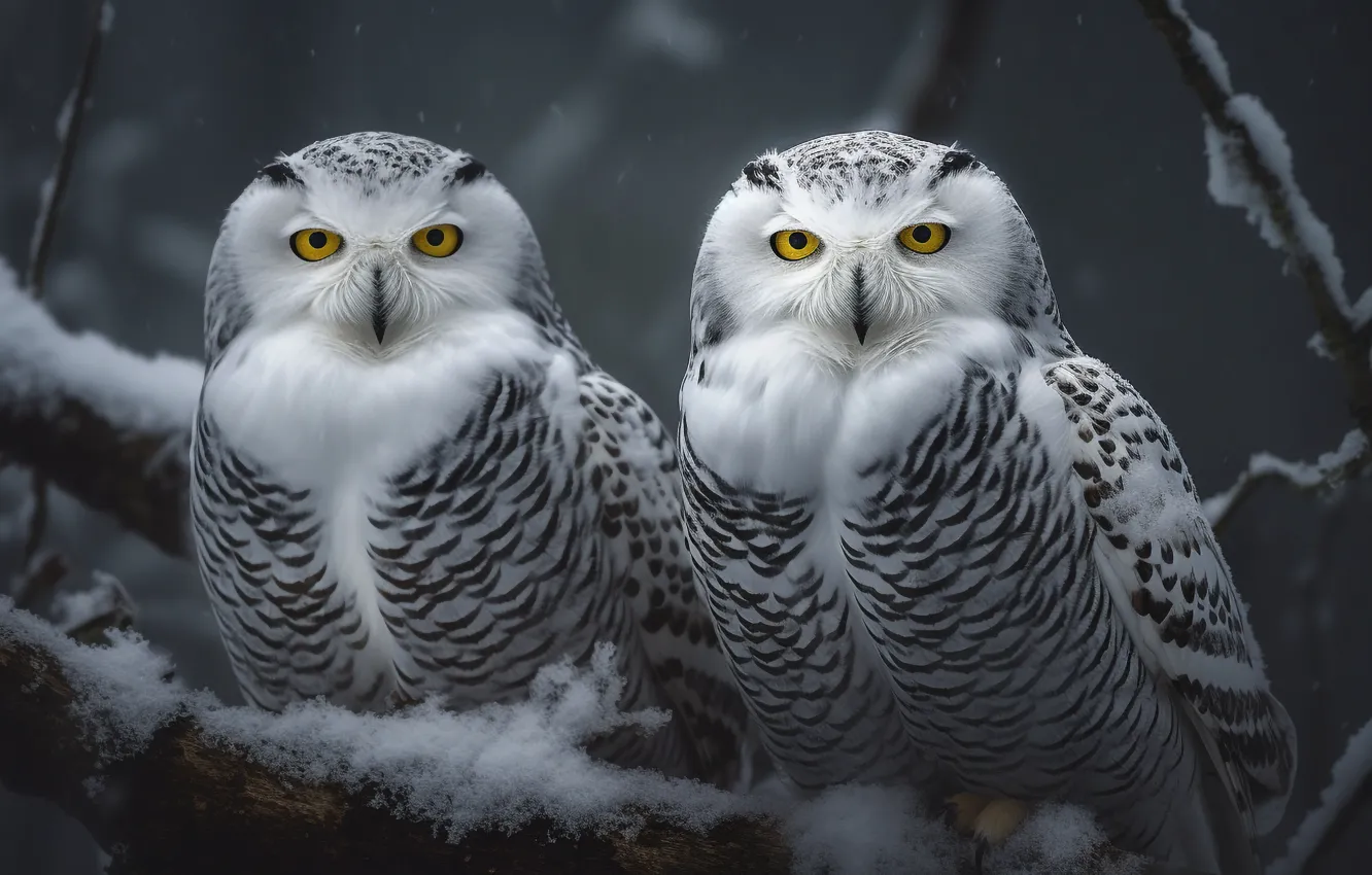 Photo wallpaper winter, white, look, snow, branches, owl, bird, portrait