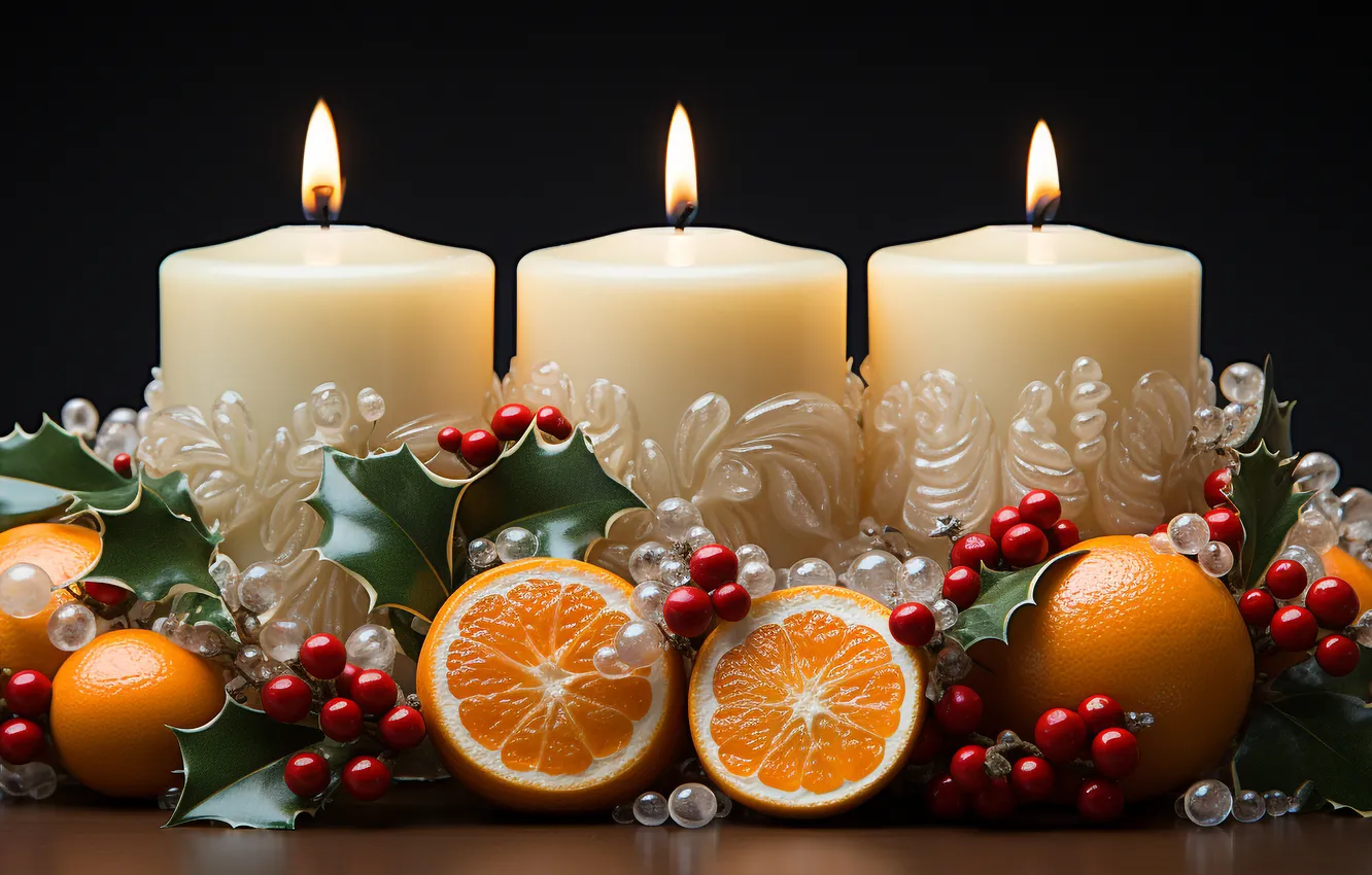 Photo wallpaper berries, new year, orange, candles, Christmas, the scenery, trio, Holly