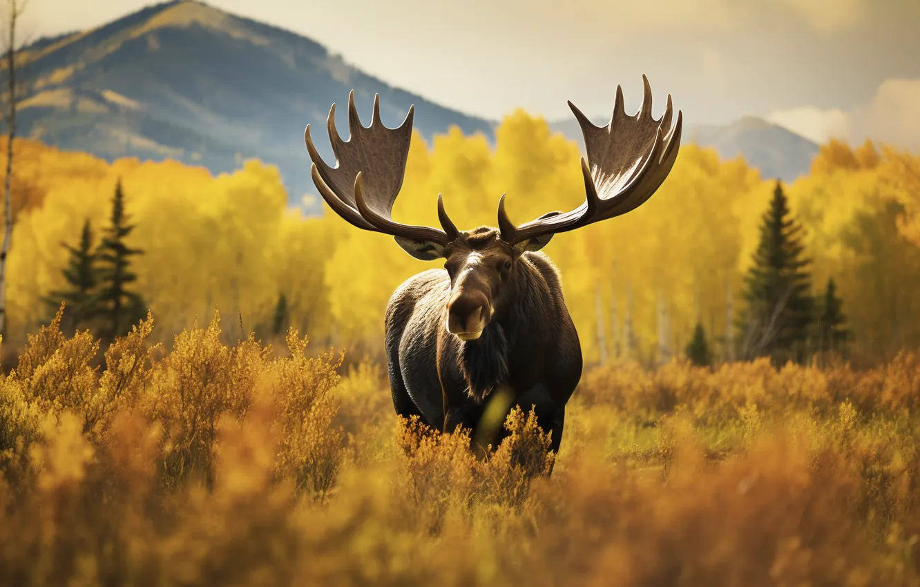 Photo wallpaper field, autumn, forest, mountains, nature, moose, AI art, neural network