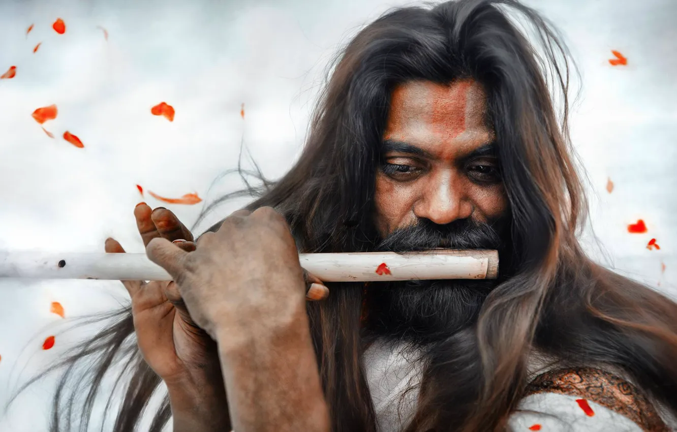 Photo wallpaper petals, flute, long hair, Indian