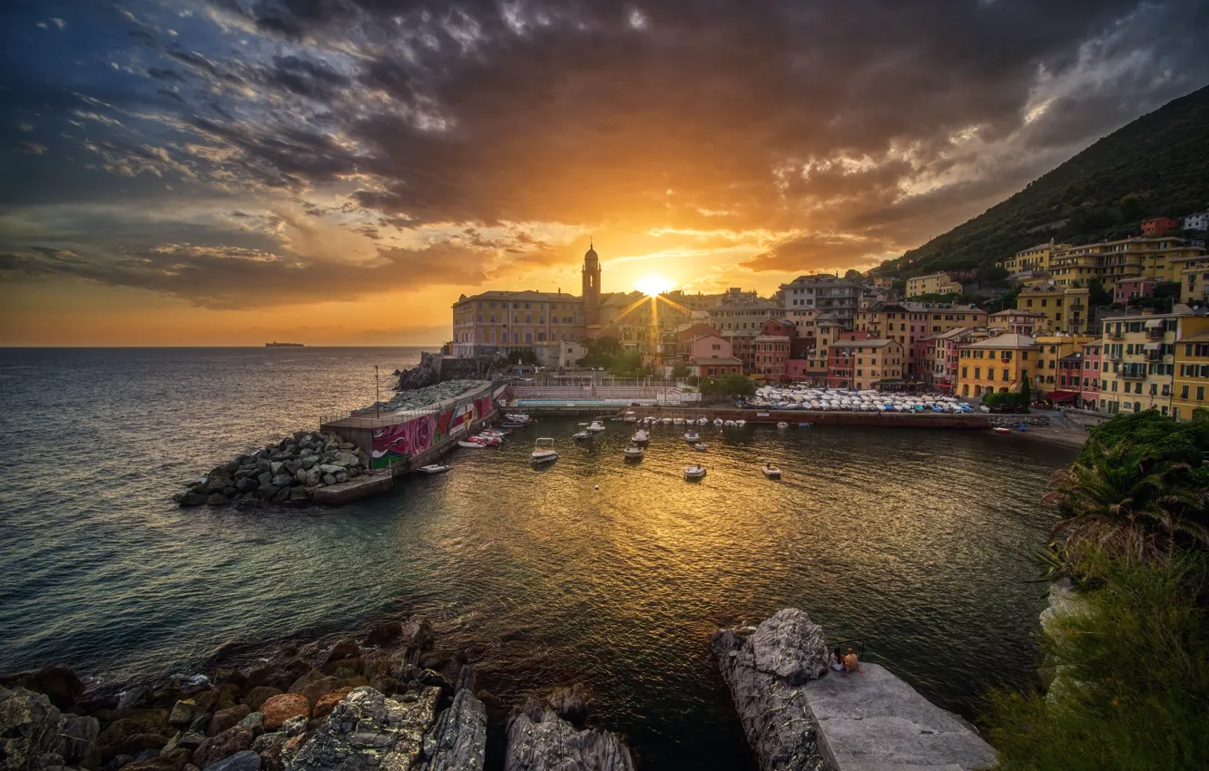 Photo wallpaper sea, the sun, rays, landscape, sunset, nature, the city, boat