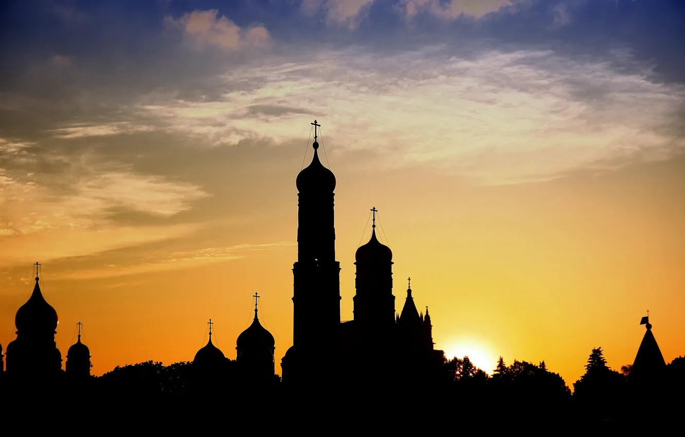 Photo wallpaper landscape, sunset, the city, tower, silhouette, Church, temple, Russia