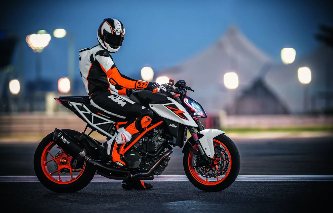 Photo wallpaper lights, red, orange, track, racer, uniform, KTM 1290 Super Duke