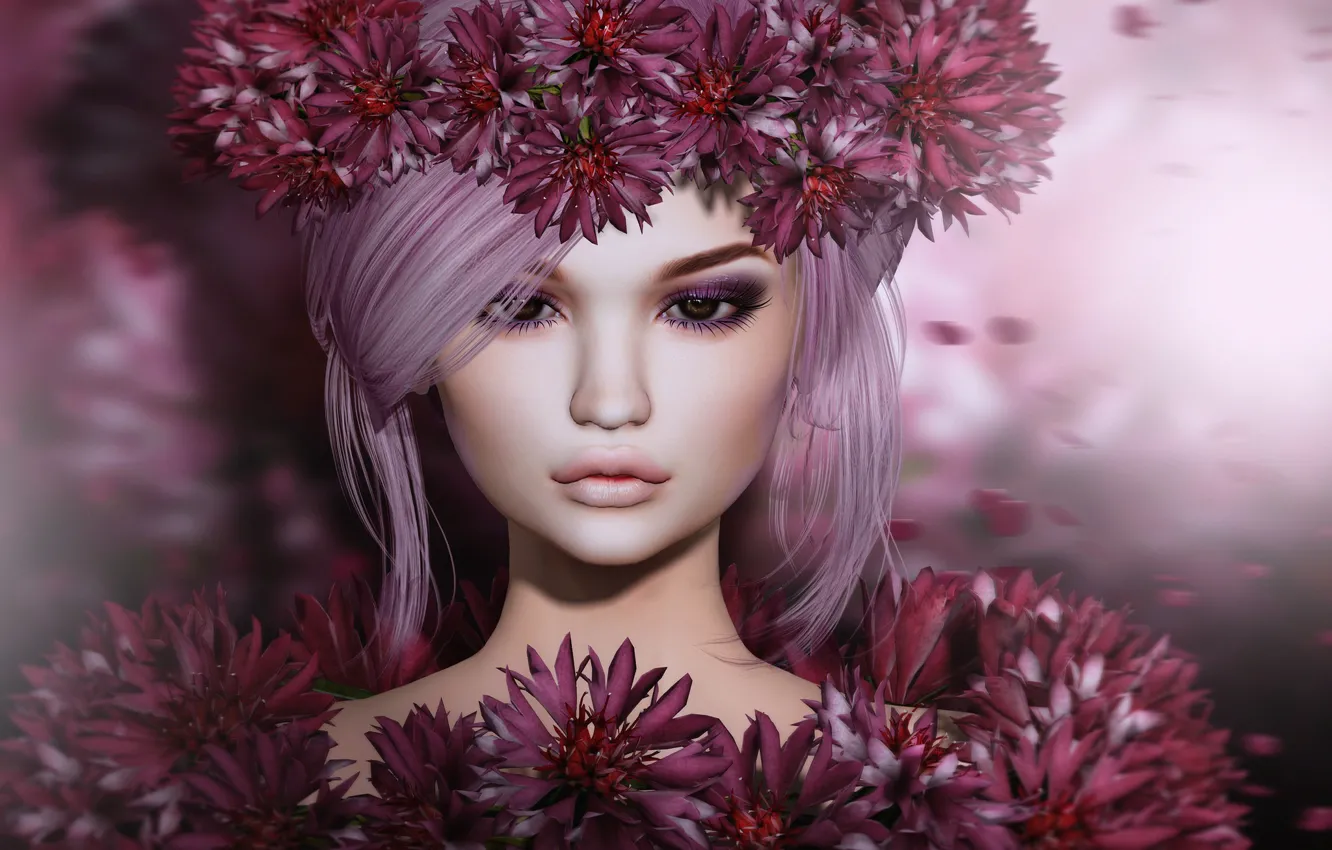 Photo wallpaper look, flowers, face, background, petals