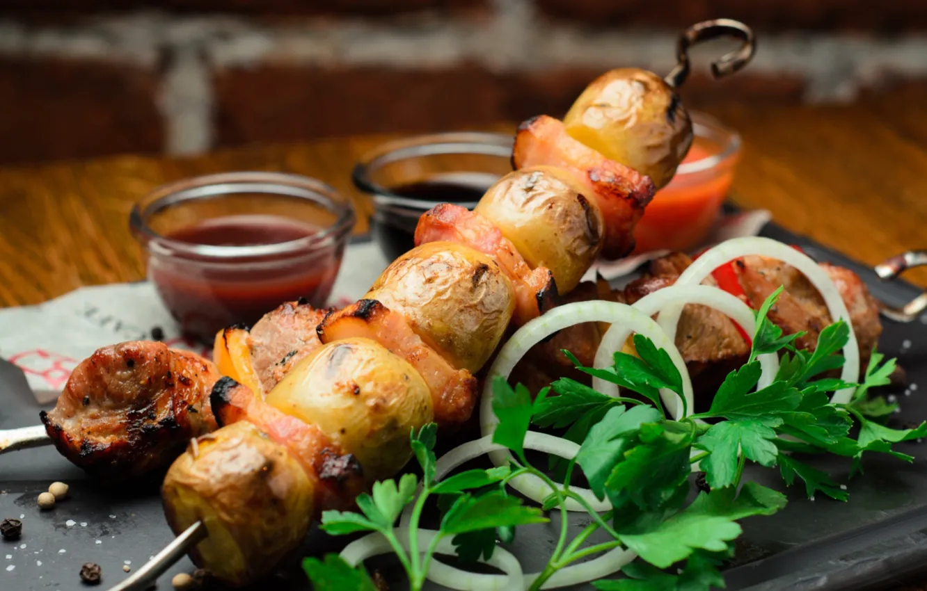 Photo wallpaper greens, bow, meat, kebab, potatoes