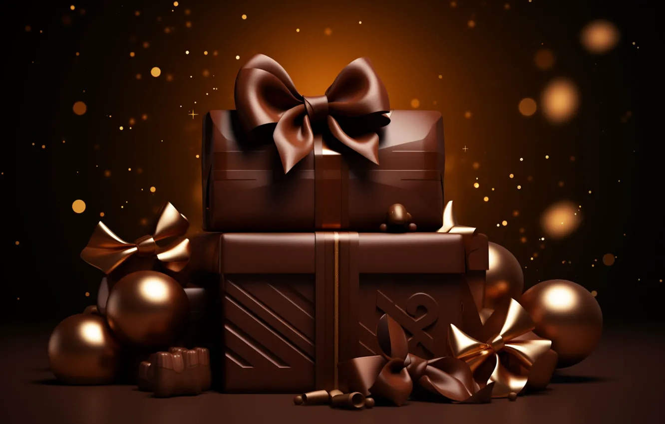 Photo wallpaper balls, the dark background, gift, new year, chocolate, Christmas, gold, gold plated