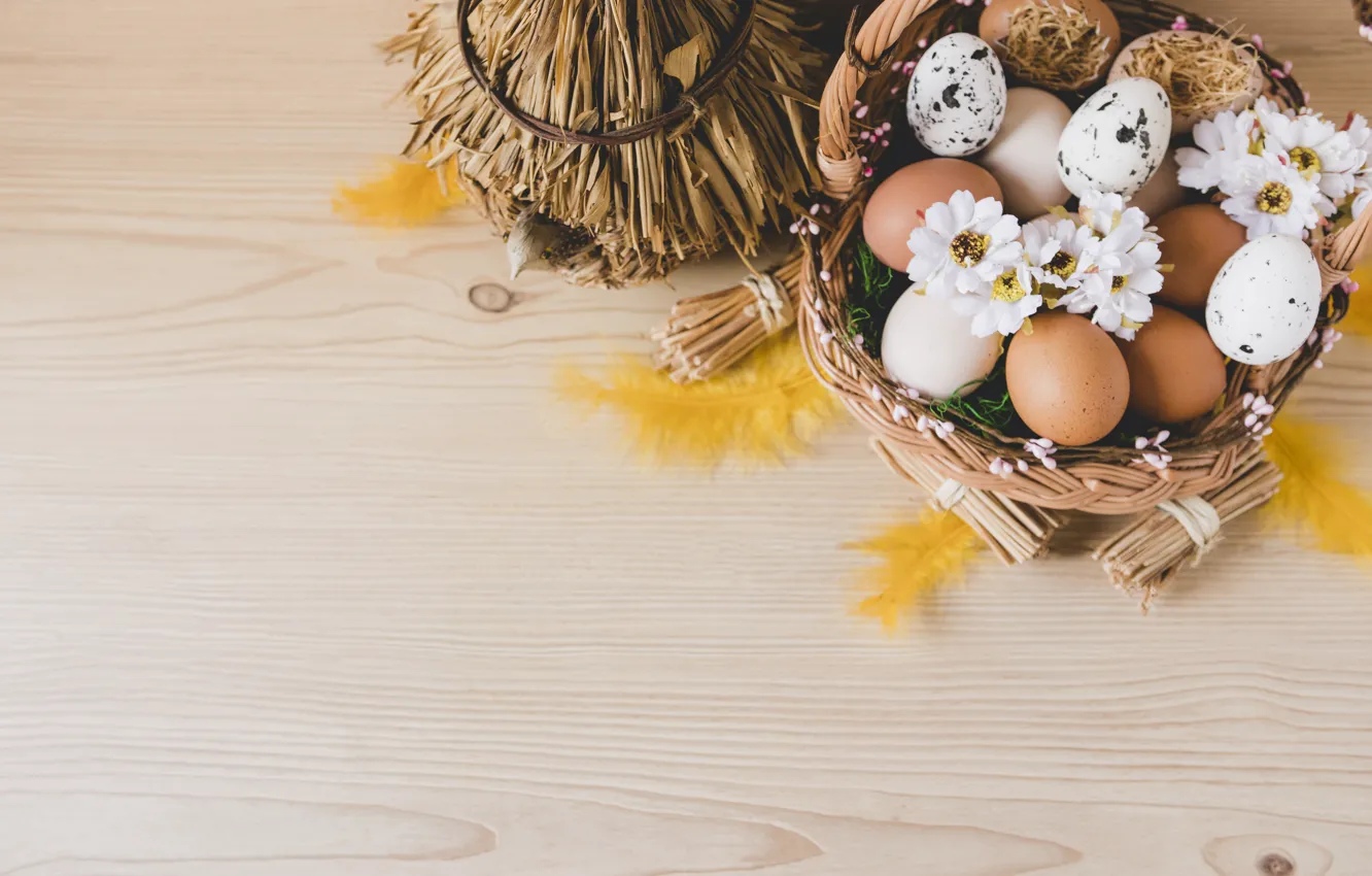 Photo wallpaper Flowers, Feathers, Easter, Eggs, Basket, Holiday