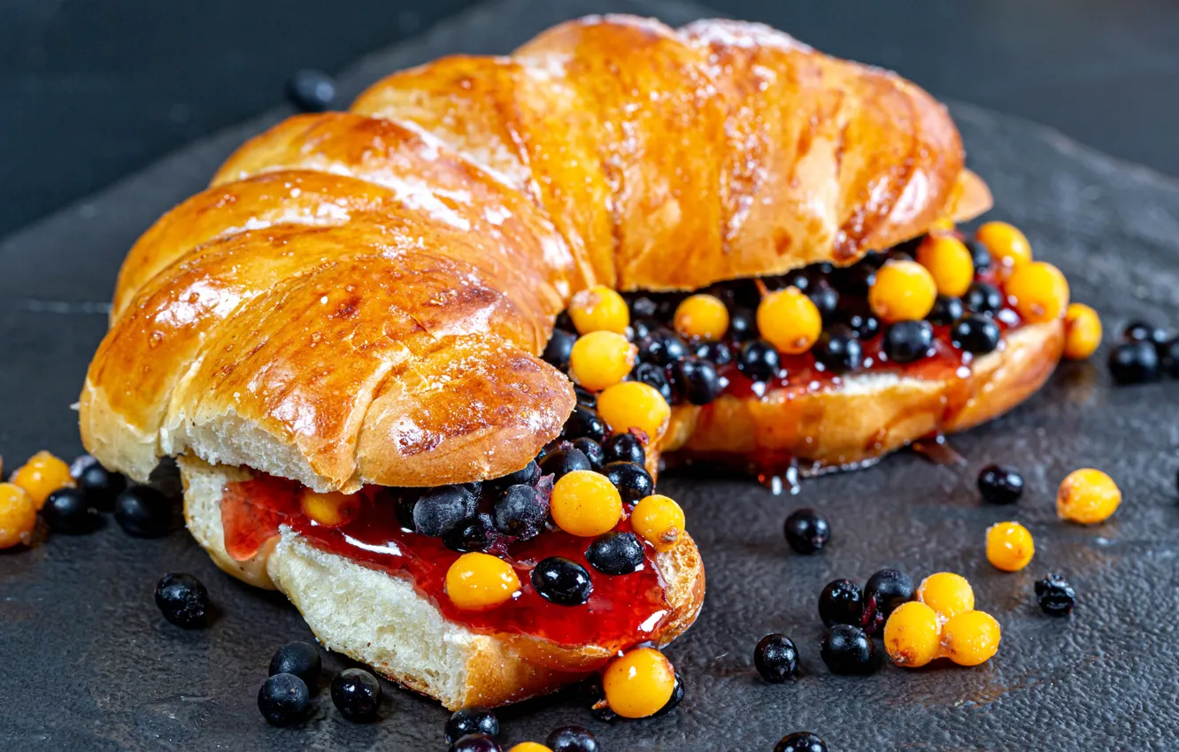 Photo wallpaper berries, jam, sandwich, buns, sea buckthorn, elder