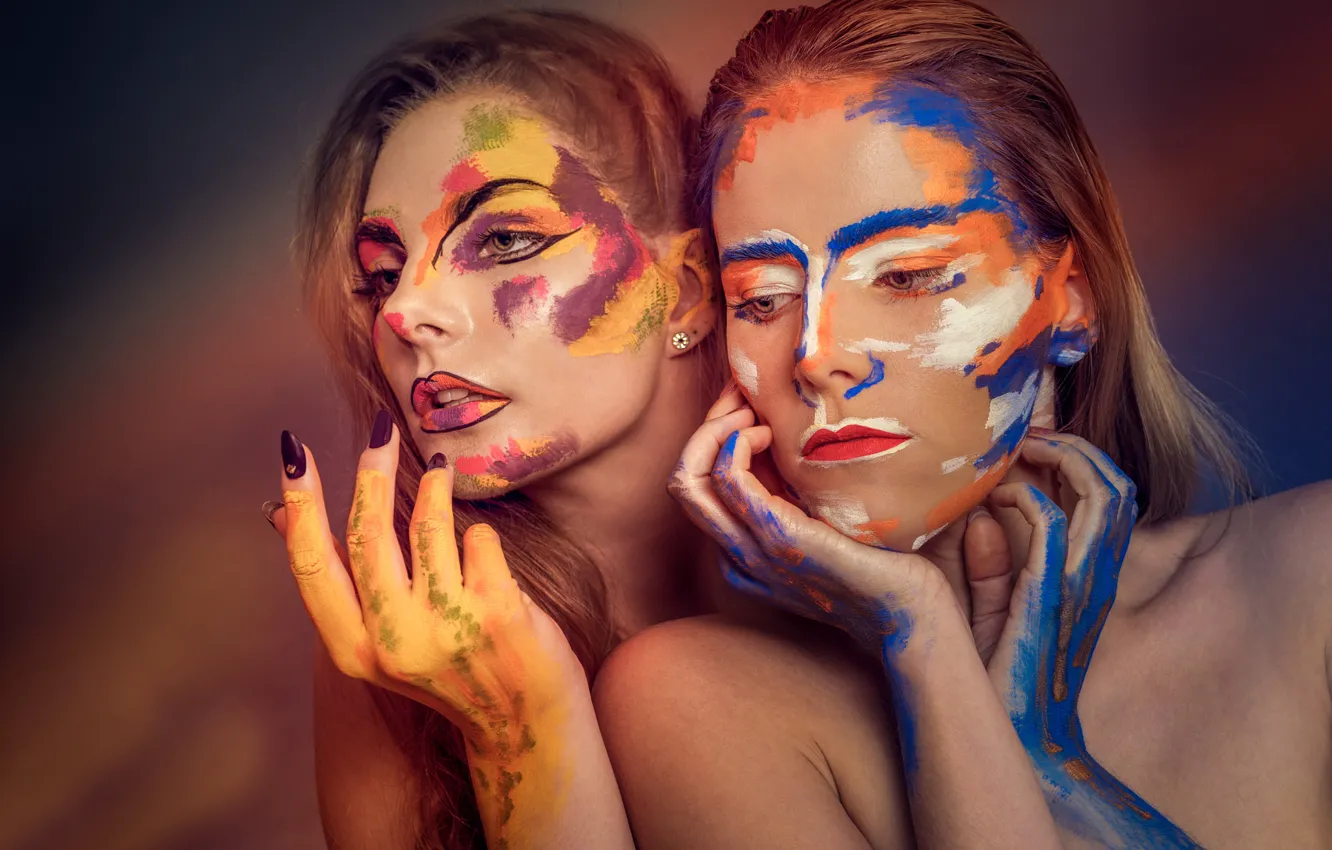 Photo wallpaper paint, makeup, art, two girls, Three of Five Colors