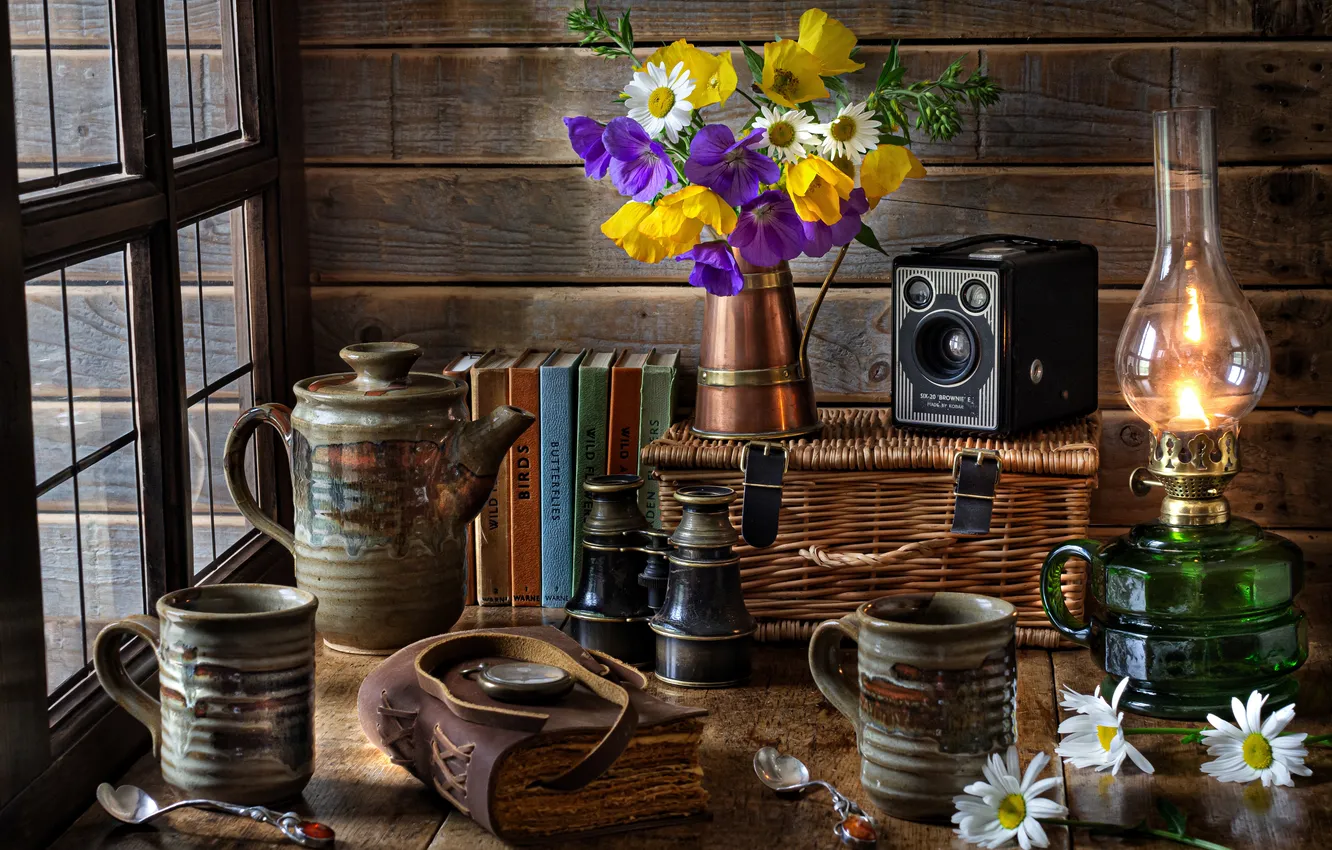 Photo wallpaper flowers, style, books, lamp, chamomile, the camera, binoculars, mugs