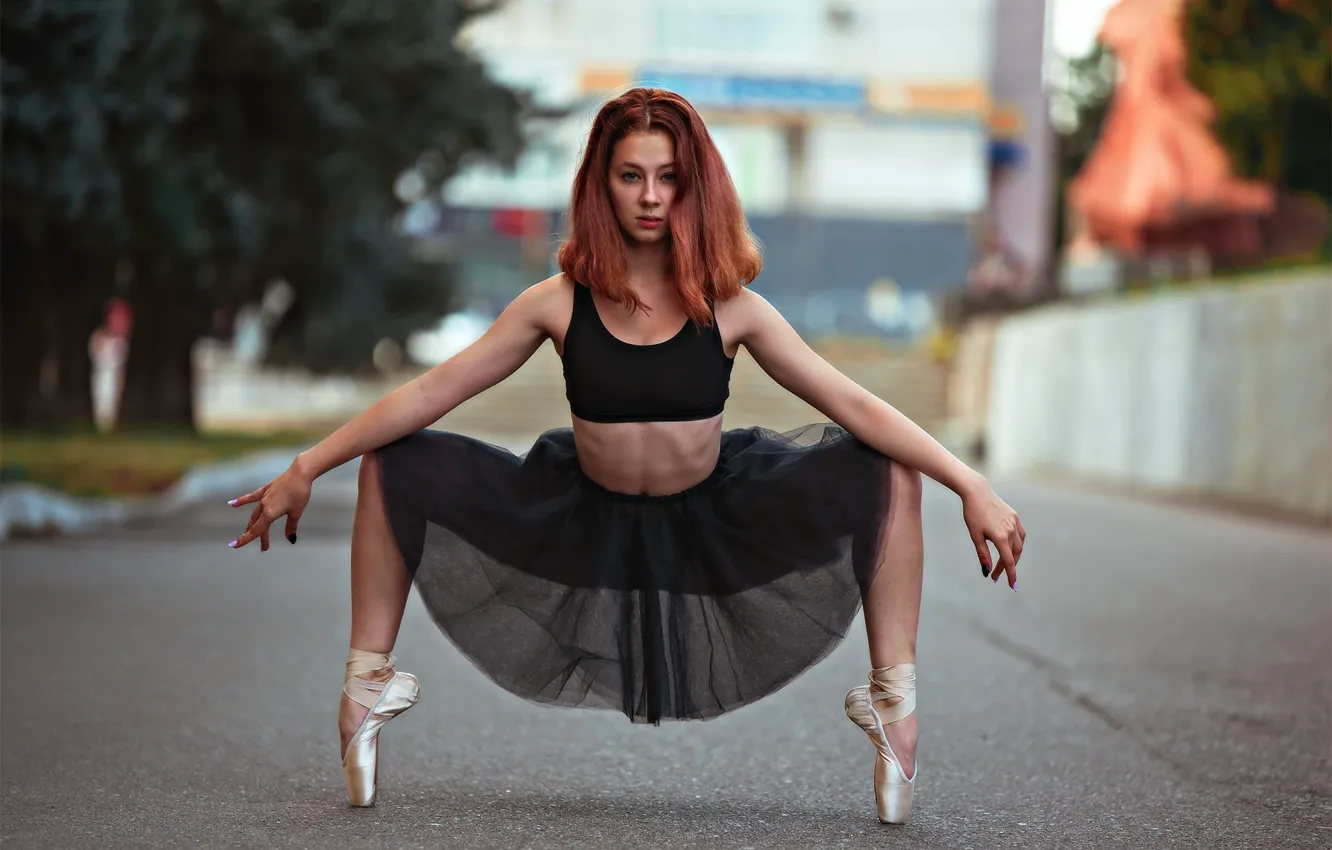 Photo wallpaper road, girl, pose, skirt, hands, ballerina, Pointe shoes, Alexander Belolipetsky