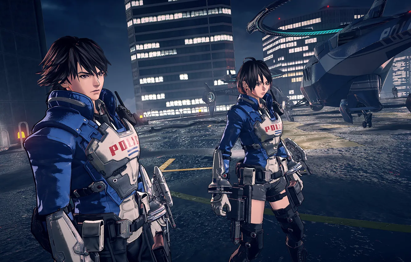 Photo wallpaper girl, the city, fiction, armor, guy, Astral Chain