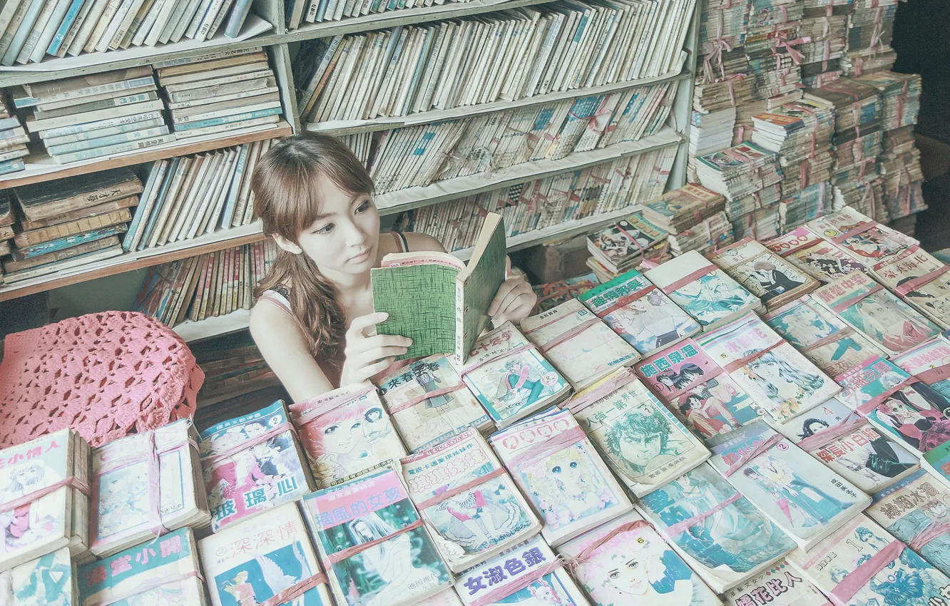 Photo wallpaper books, Girl, Asian