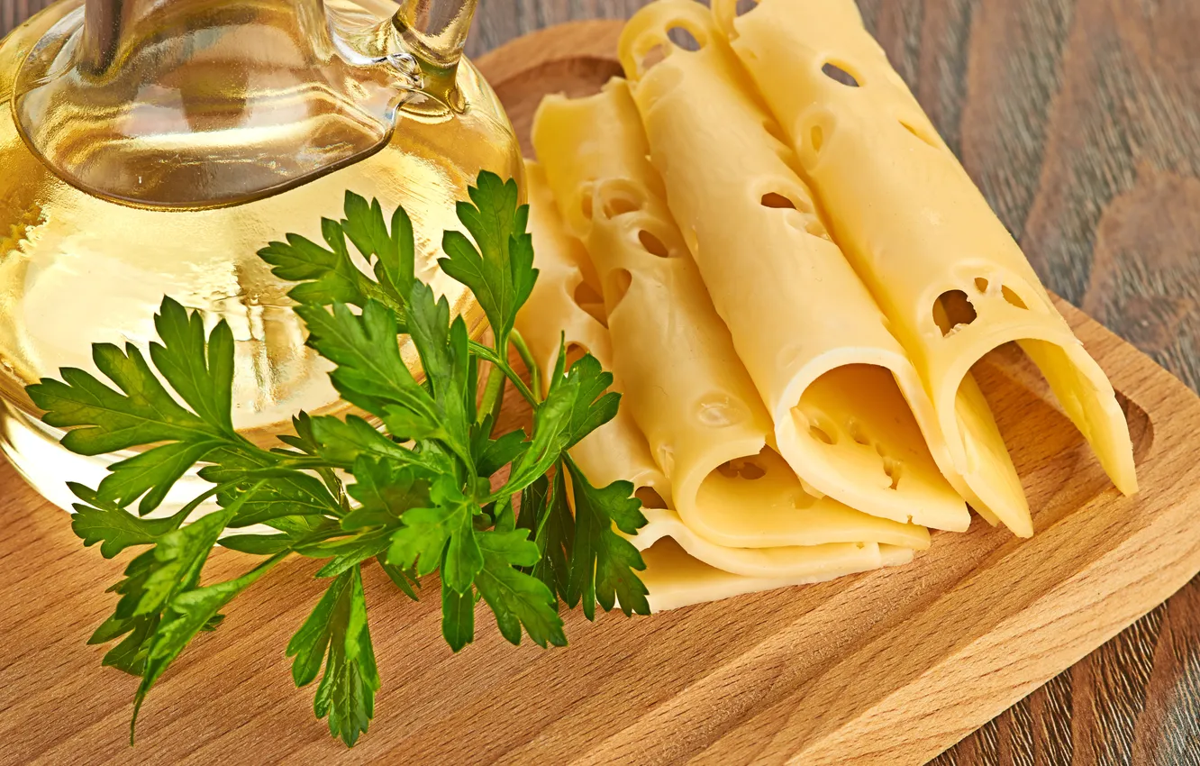 Photo wallpaper oil, food, cheese, parsley, slices, cutting