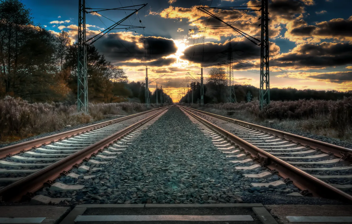 Photo wallpaper landscape, sunset, railroad