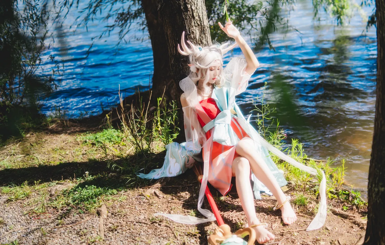 Photo wallpaper river, woman, animal ears, water, beautiful, tree, model, pretty