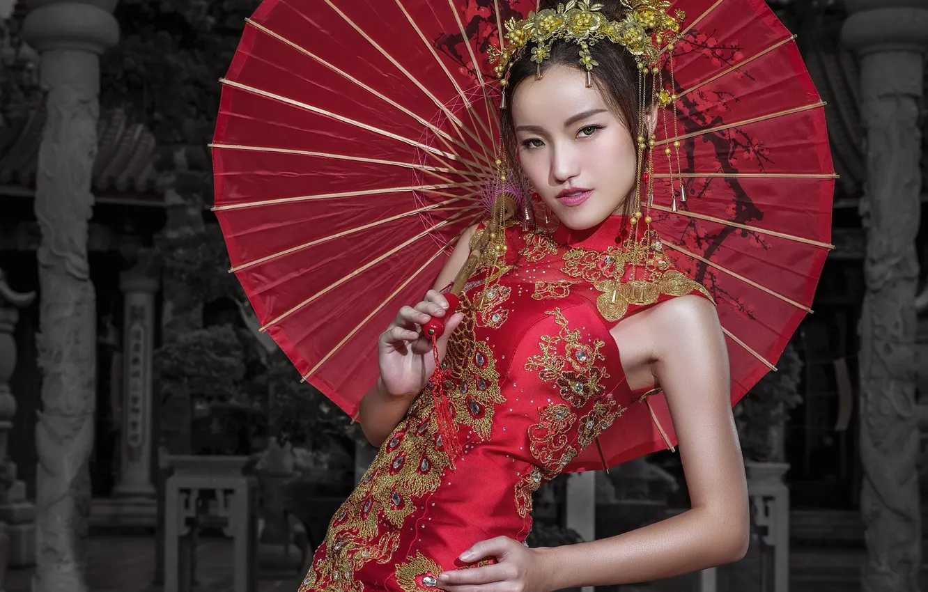 Photo wallpaper girl, umbrella, Asian