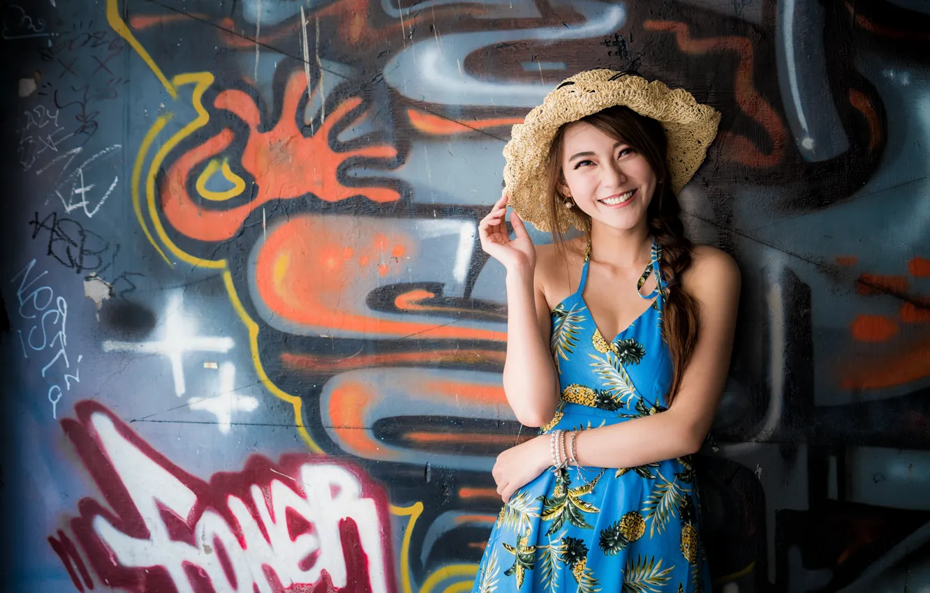 Photo wallpaper girl, smile, wall, graffiti, hat, dress, Asian, cutie