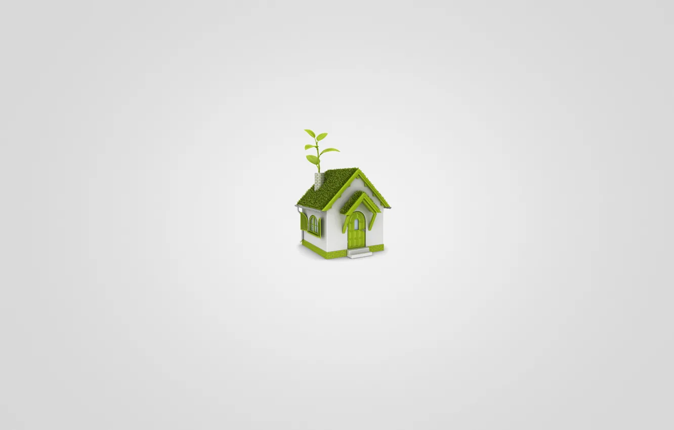 Photo wallpaper white, grass, leaves, green, house, minimalism, house, light background