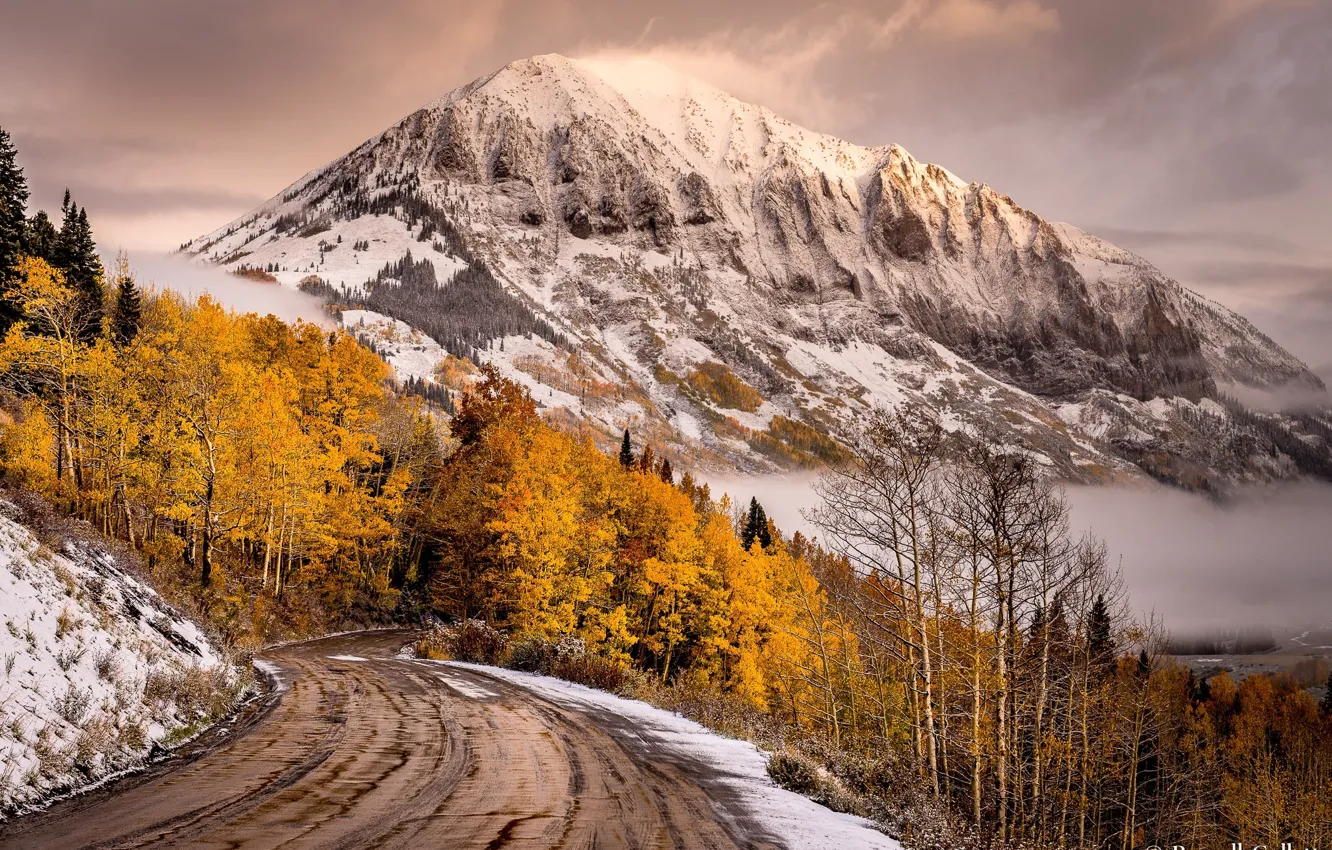 Photo wallpaper road, snow, mountains, nature