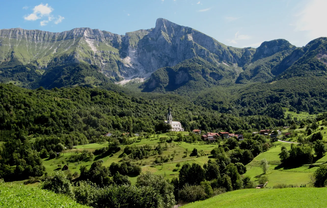 Photo wallpaper mountains, valley, village, Slovenia, Dreznica village