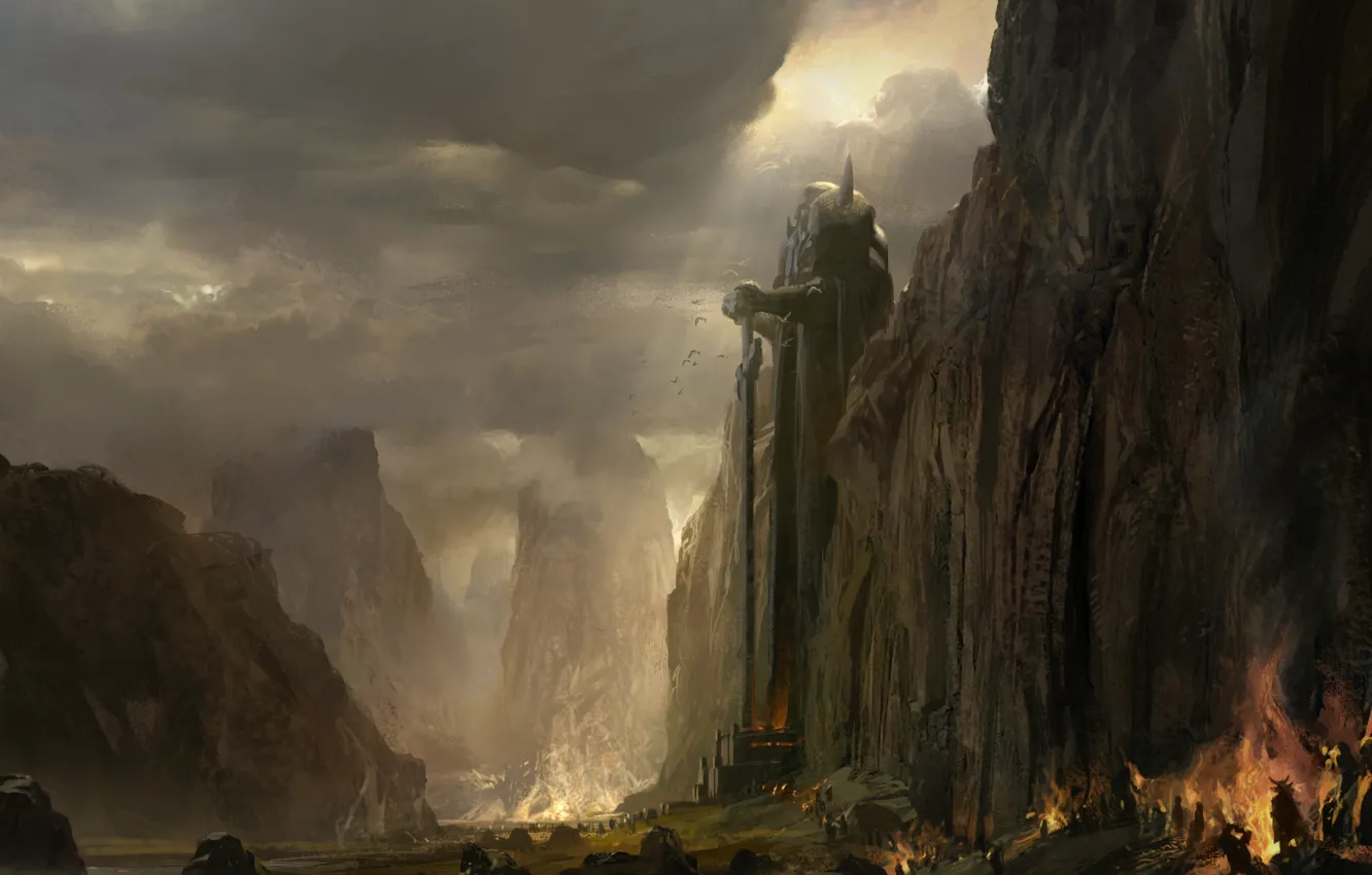 Photo wallpaper mountains, lights, ear, army, statue, cave, guild wars 2