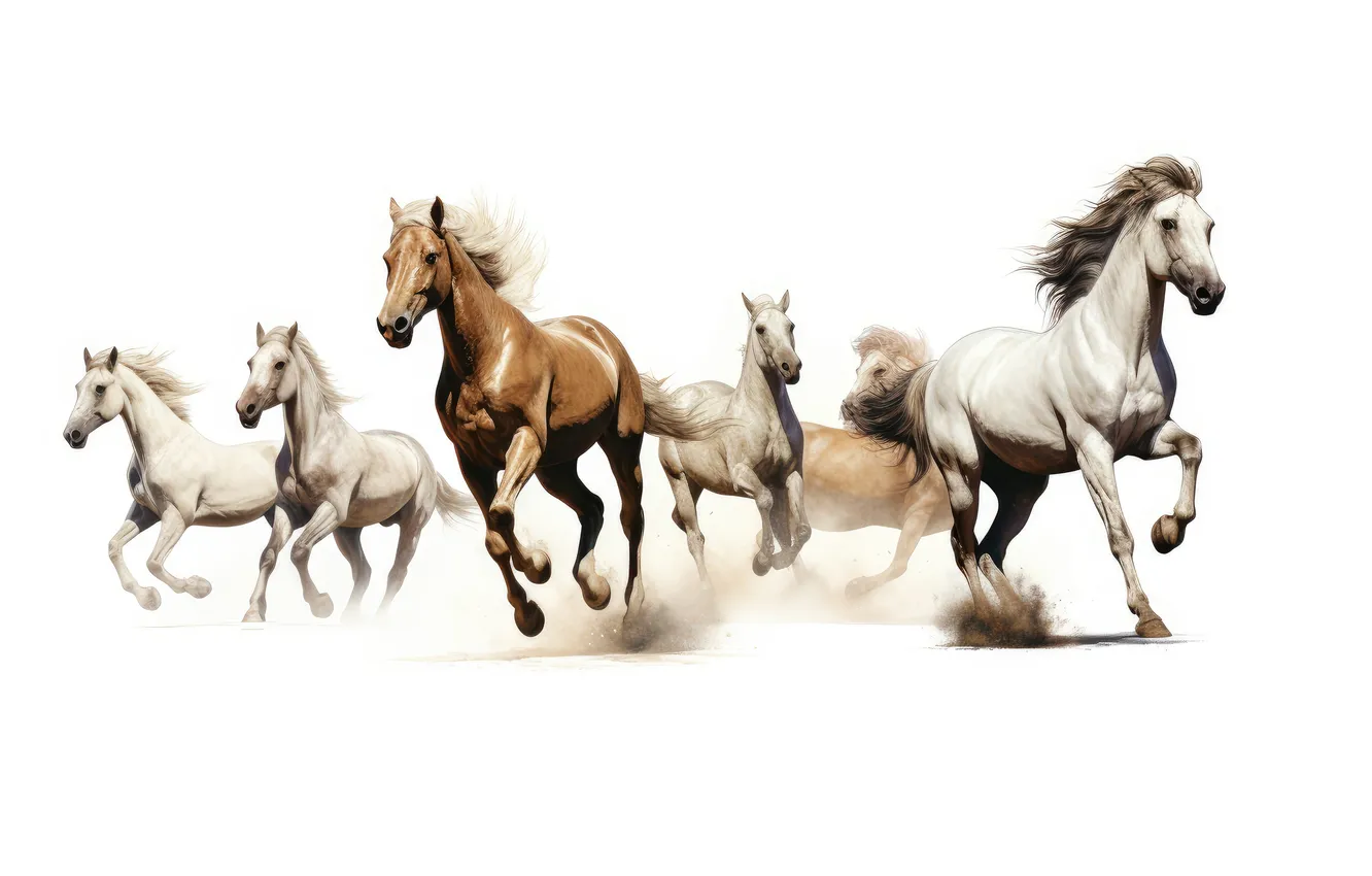 Photo wallpaper horse, horse, watercolor, white background, painting, the herd, horse, imitation of watercolor