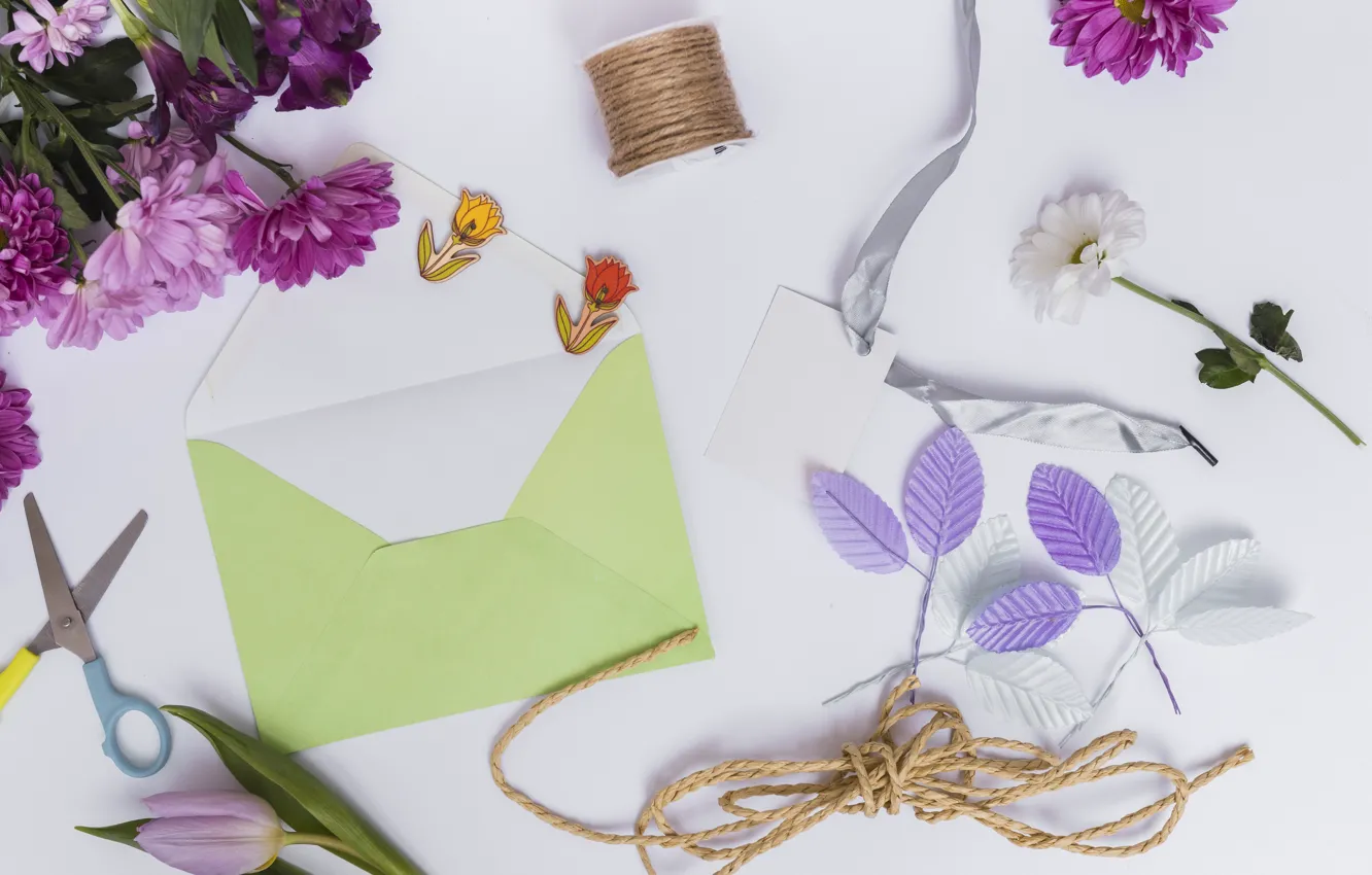 Photo wallpaper leaves, flowers, thread, chrysanthemum, scissors, composition