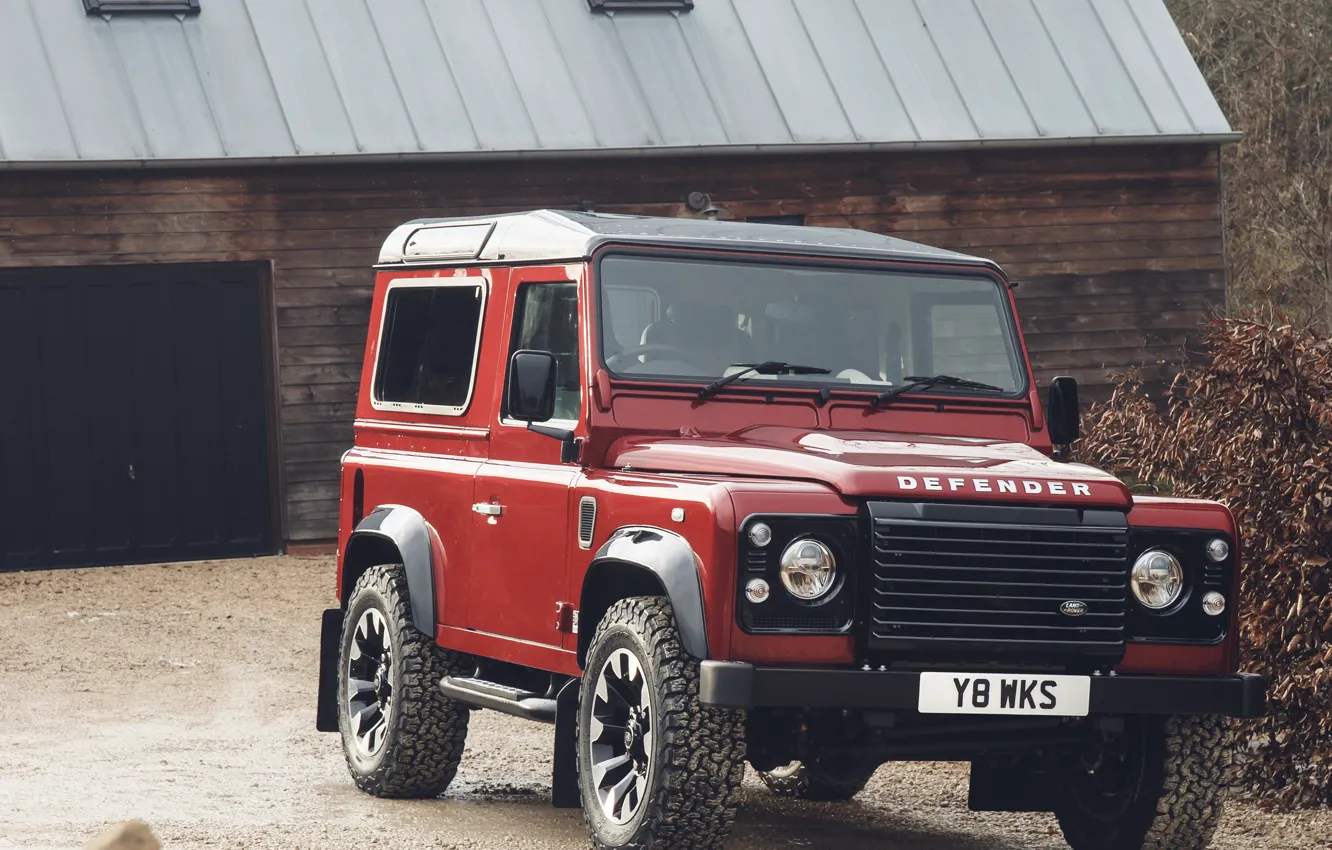 Photo wallpaper road, red, the building, SUV, Land Rover, 2018, Defender, V8