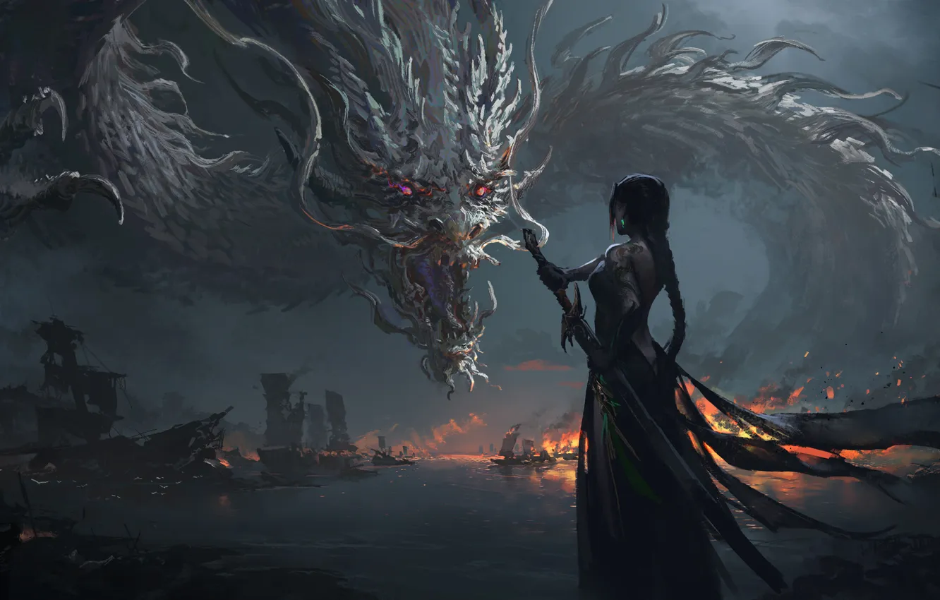 Photo wallpaper fire, sword, long hair, weapon, water, ponytail, tattoo, dragon