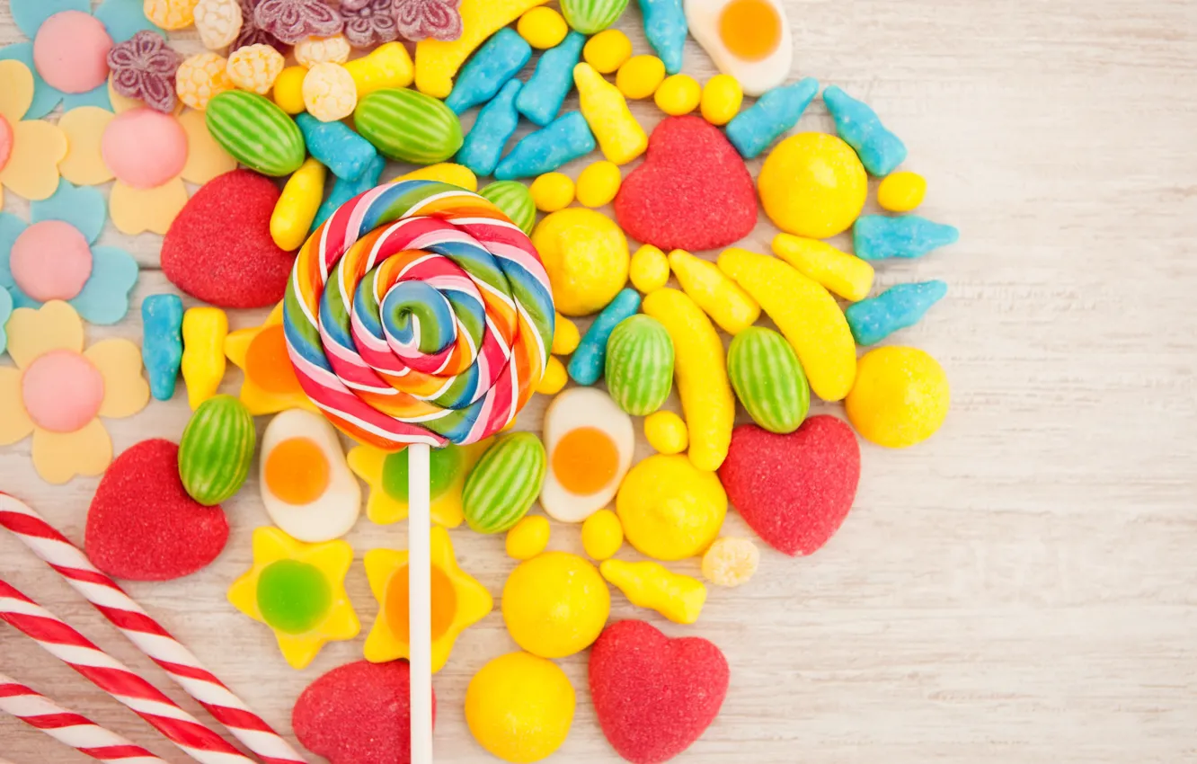 Photo wallpaper sweets, lollipops, confetti, marmalade, marshmallows